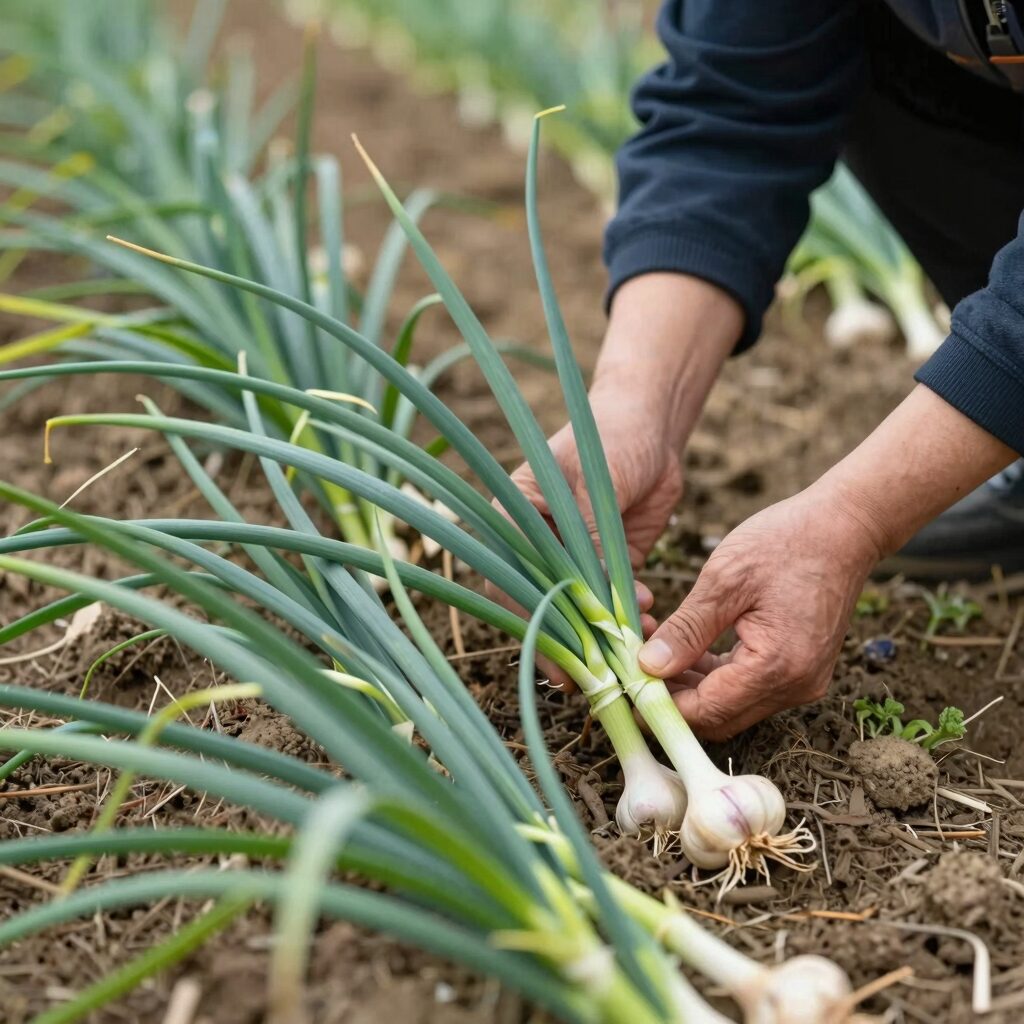 마늘쫑을 수확하는 손의 모습으로, 싱싱한 초록색 마늘쫑이 길게 올라온 텃밭 풍경