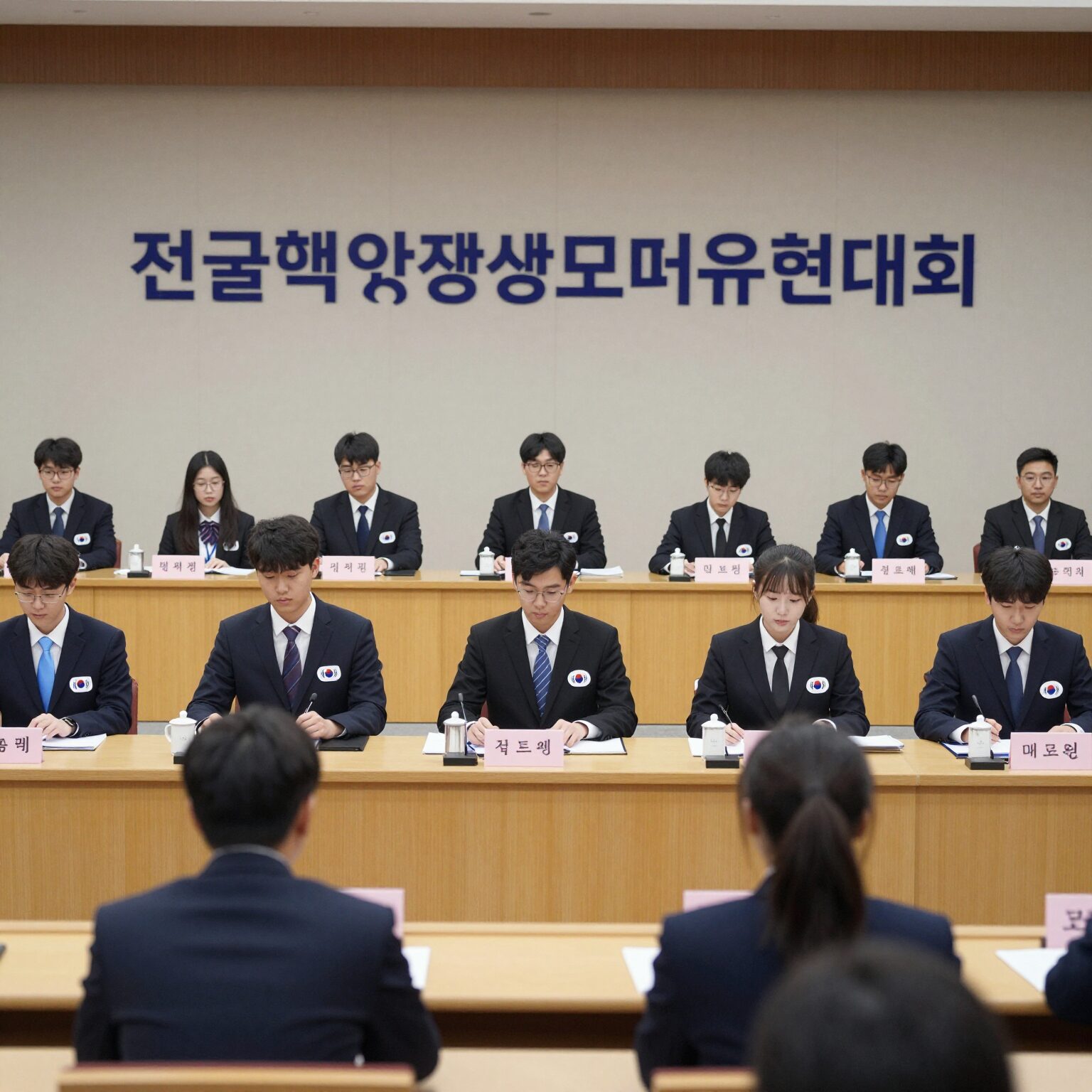 전국대학생모의유엔대회 공식회의 장면, 정장을 입은 대학생들이 국가명패 앞에 앉아 회의에 참여하고 있다