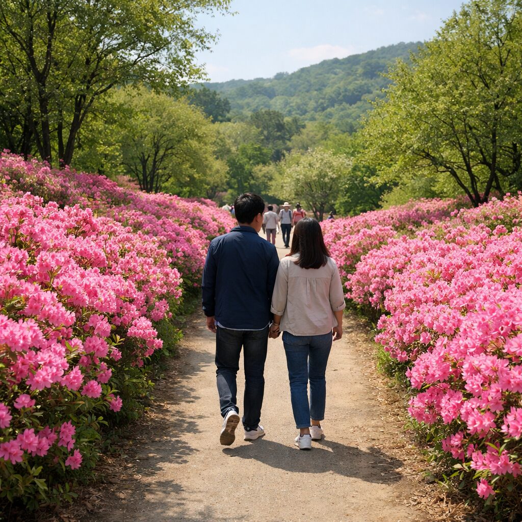 군포 철쭉동산 분홍빛 꽃길 산책로 양쪽에 핀 철쭉