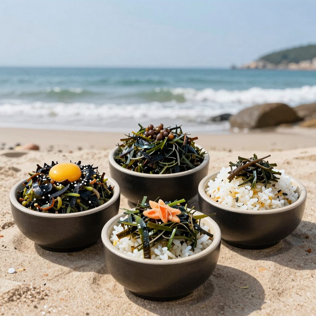 기장 대변항 이화장횟집에서 바다를 배경으로 차려진 멸치회, 멸치쌈밥, 멸치구이 세트 요리 사진