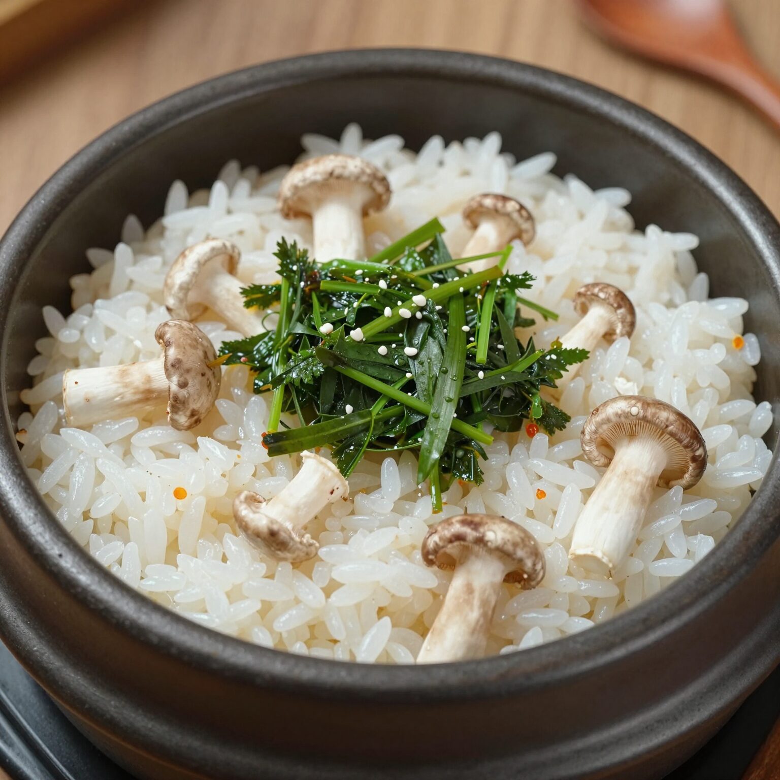 고비나물과 표고버섯이 들어간 솥밥과 미나리 양념장이 곁들여진 사진