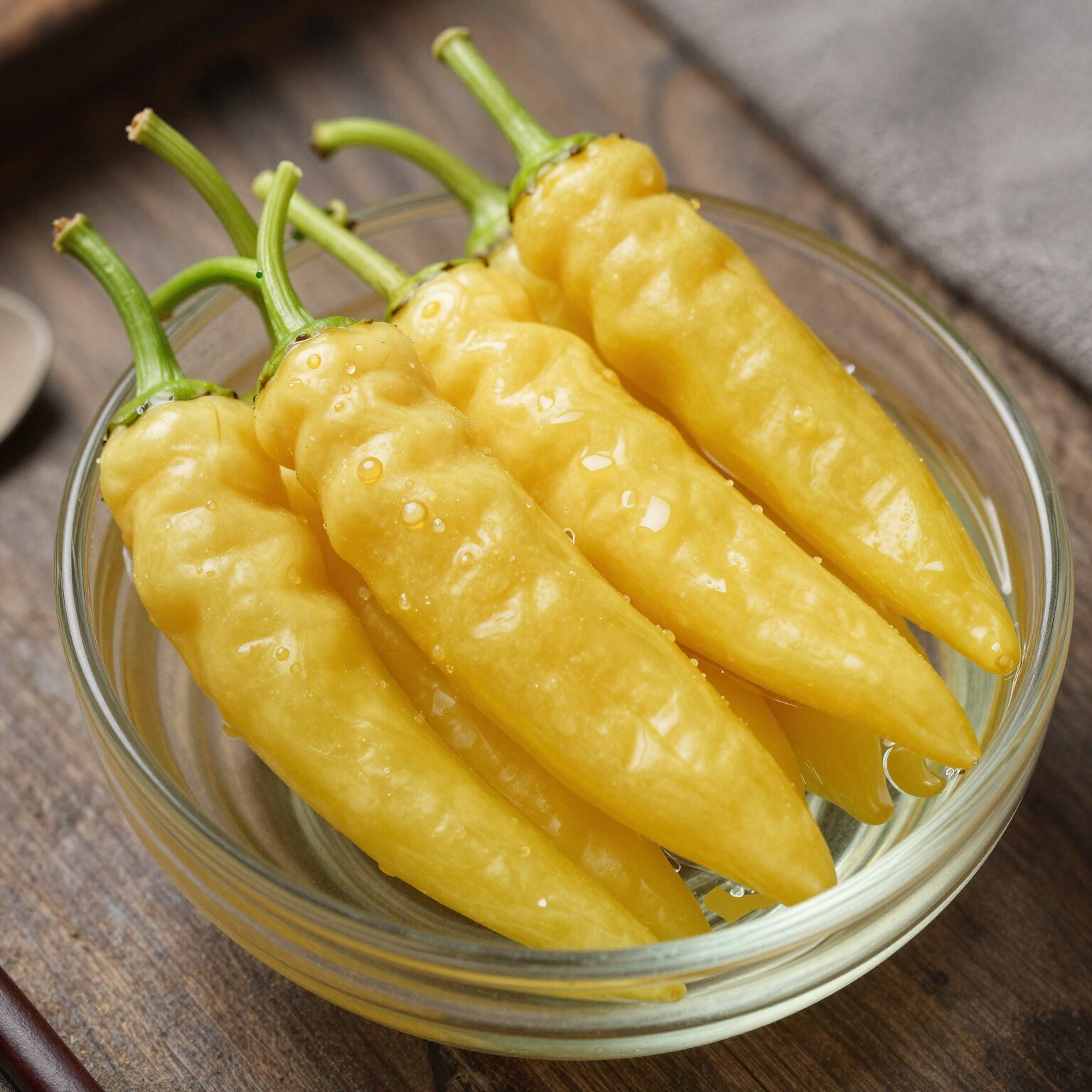 유리병에 담긴 노란빛이 도는 완성된 개두릅장아찌, 고추와 함께 담겨있다