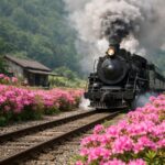곡성 침곡역 폐역 인근 기찻길에 핀 분홍색 철쭉과 지나가는 증기기관차