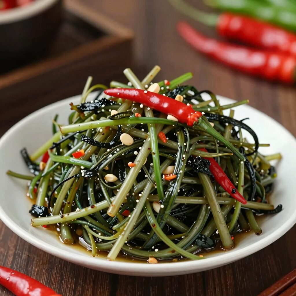 완성된 곰취장아찌를 접시에 담아낸 모습 붉은 고추가 포인트