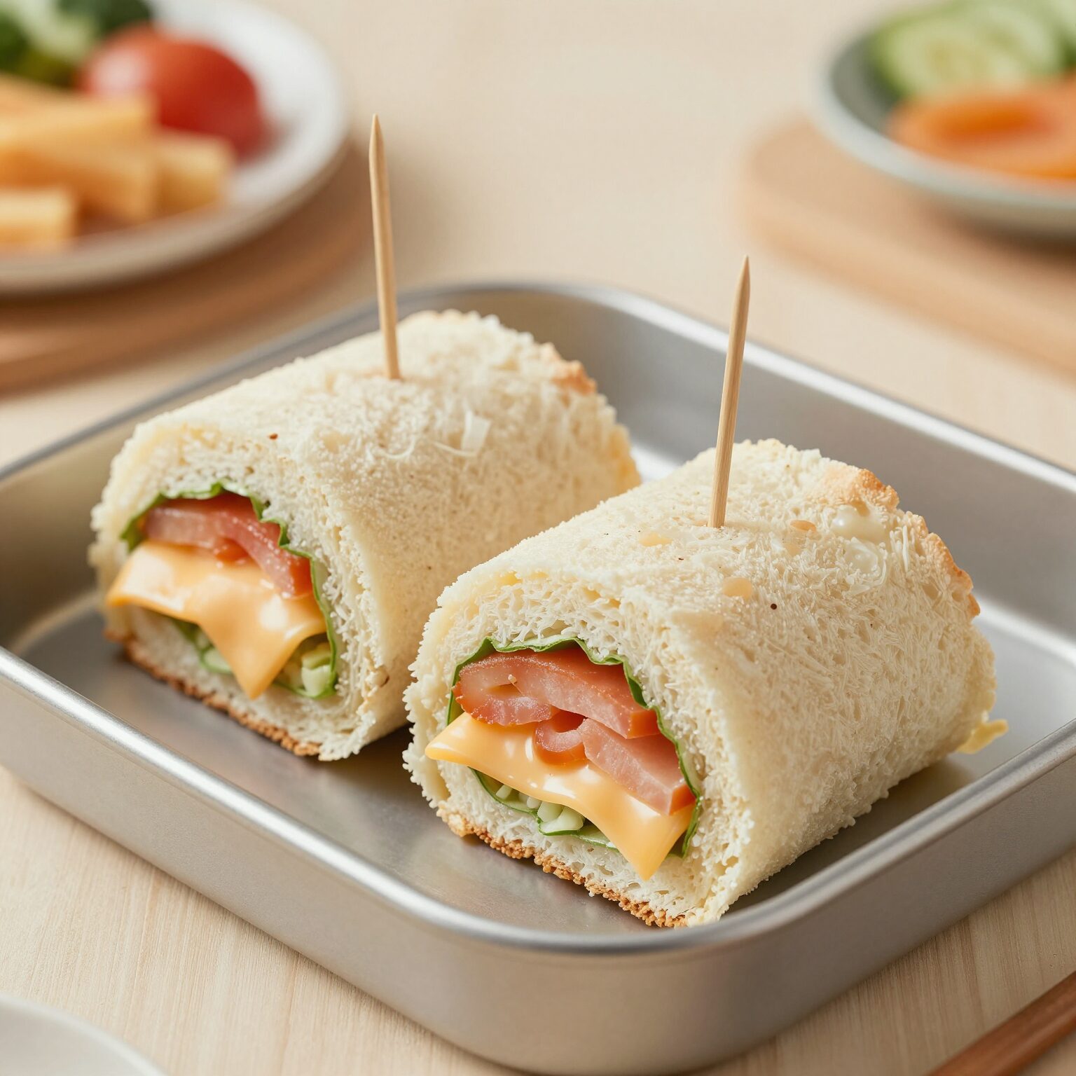햄과 치즈가 돌돌 말린 롤샌드위치가 꼬치에 꽂혀 예쁘게 담긴 유치원 도시락