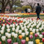 장흥 하늘빛수목원 튤립축제 봄꽃 여행 가이드 장흥 하늘빛수목원의 다양한 색상의 튤립이 피어 있는 광경, 봄꽃 정원 배경