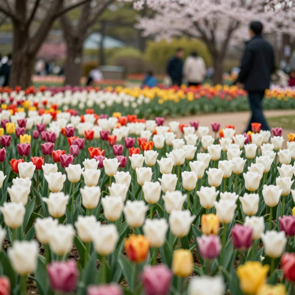 장흥 하늘빛수목원의 다양한 색상의 튤립이 피어 있는 광경, 봄꽃 정원 배경