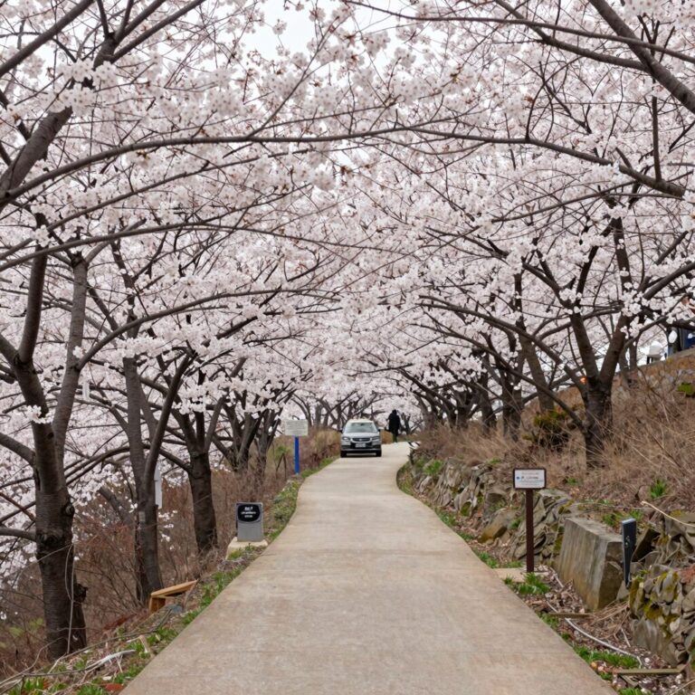 황매산 군립공원 정상 주차장 근처 벚꽃길, 늦게까지 피어 있는 봄 벚꽃과 산책로