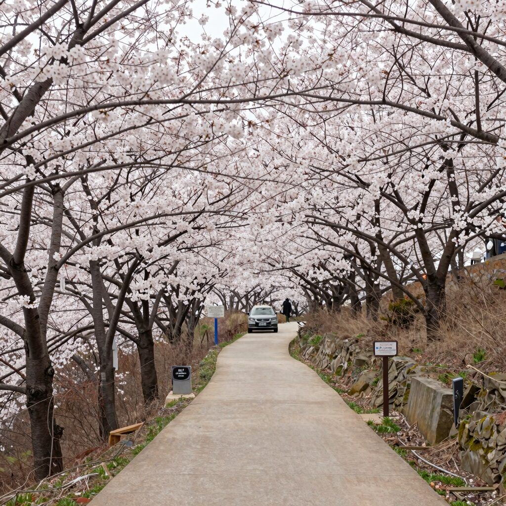황매산 군립공원 정상 주차장 근처 벚꽃길, 늦게까지 피어 있는 봄 벚꽃과 산책로