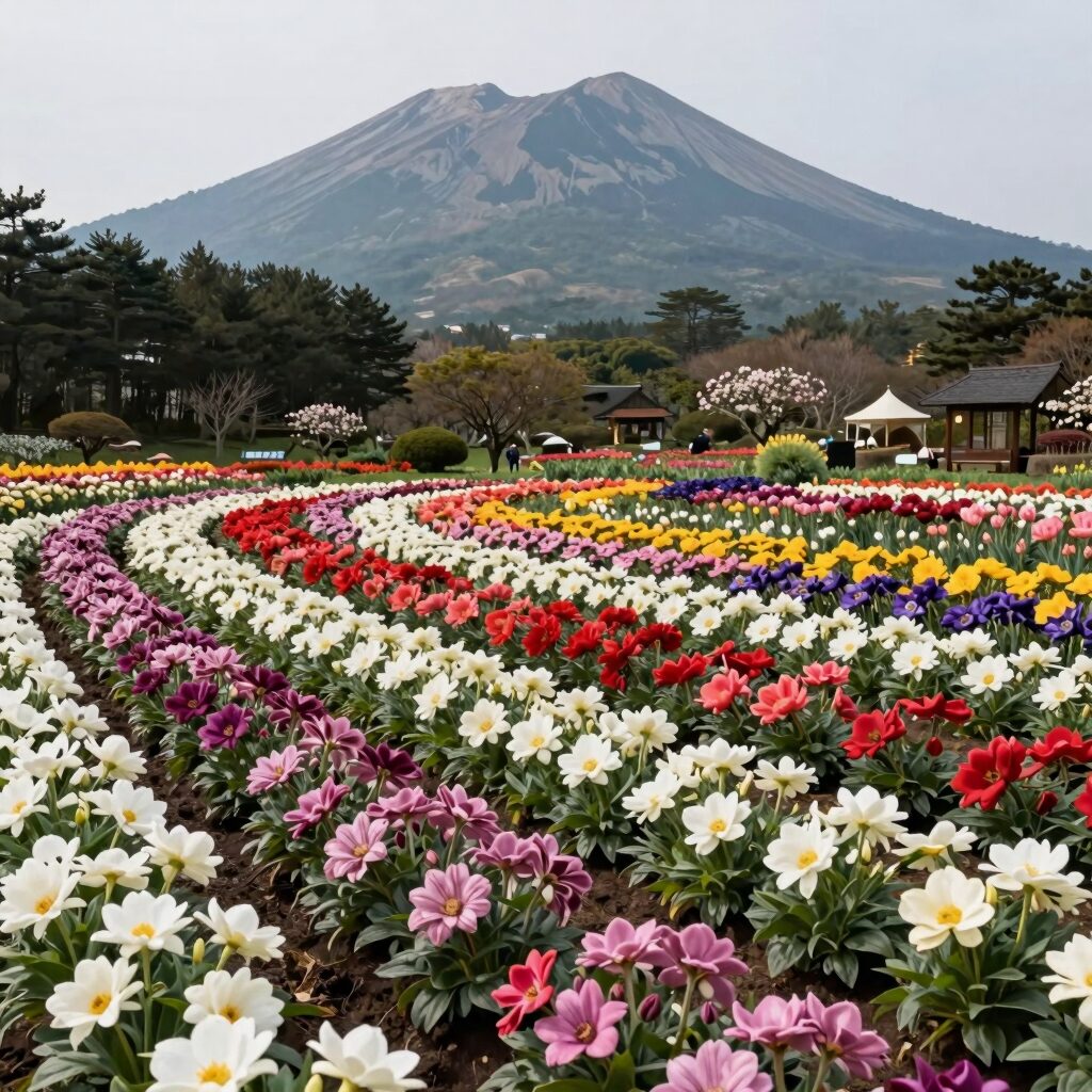 제주 휴애리 자연생활공원의 넓은 정원에 형형색색 수국이 만개한 풍경, 한라산을 배경으로 펼쳐진 아름다운 수국밭