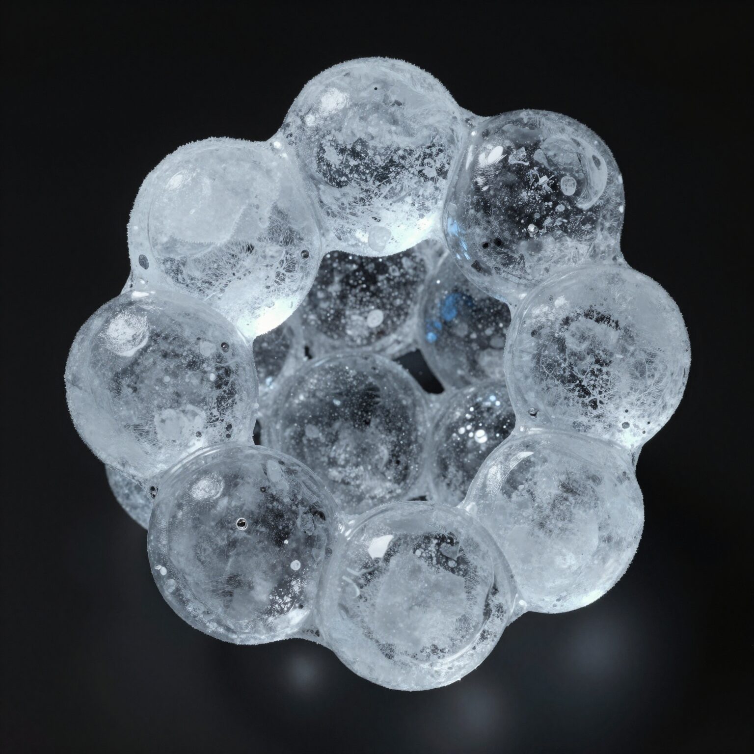 얼음의 육각형 결정 구조를 나타낸 다이어그램, 분자 사이 공간이 시각적으로 표현됨