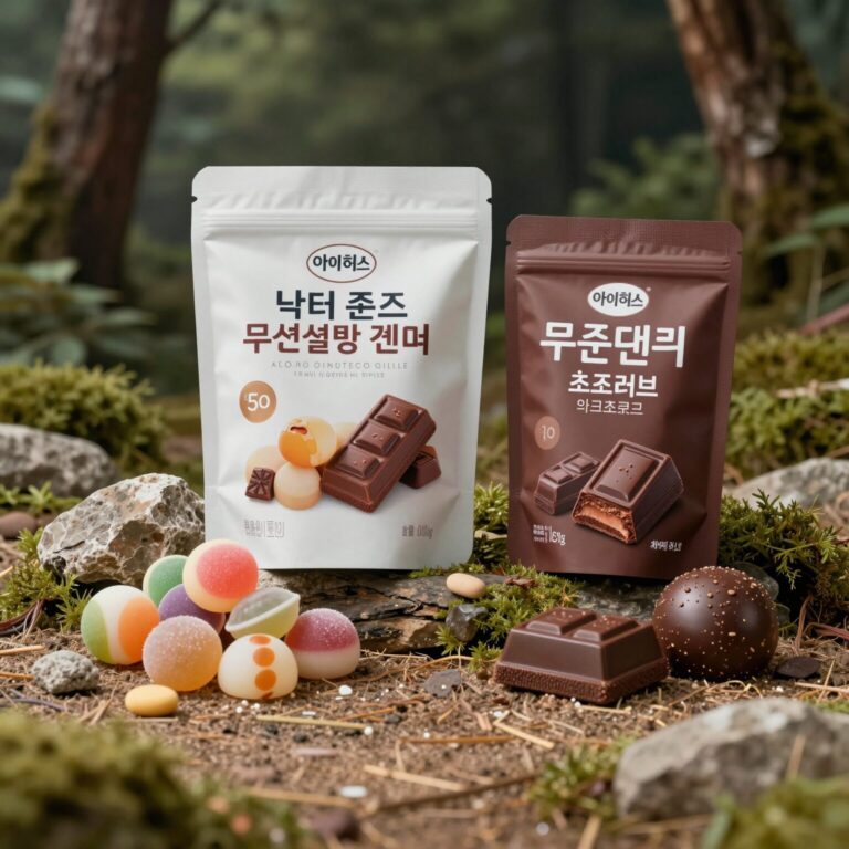 아이허브에서 구매한 건강 간식 세트로 닥터존스 무설탕 캔디와 초코러브 다크초콜릿이 놓여있다