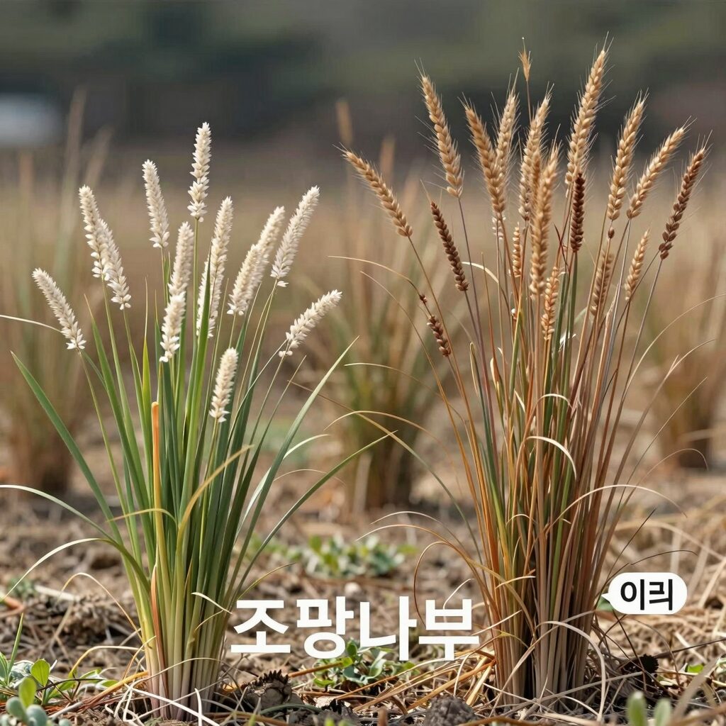 조팝나무와 이팝나무의 키 차이를 보여주는 비교 사진. 왼쪽의 낮은 조팝나무와 오른쪽의 키 큰 이팝나무가 대비됨