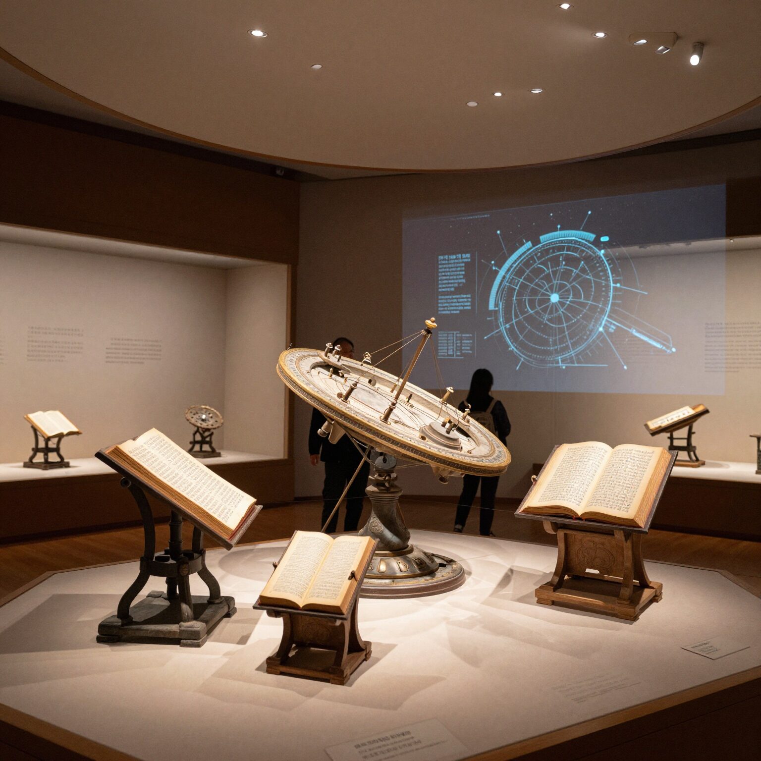 샤르자 이슬람 문명 박물관 내부 전시장, 정교하게 장식된 고대 코란과 천문 기구가 전시되어 있음