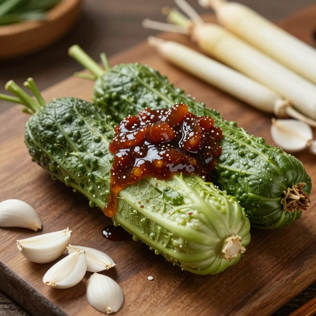 장아찌간장과 마늘, 오이, 양파 등 다양한 야채들