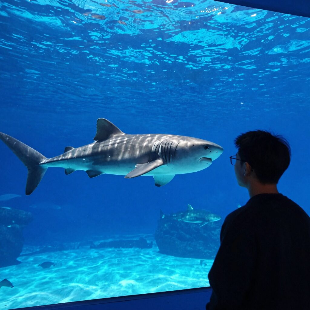 제주 아쿠아플라넷 메인 수조 푸른 바닷속 풍경과 상어