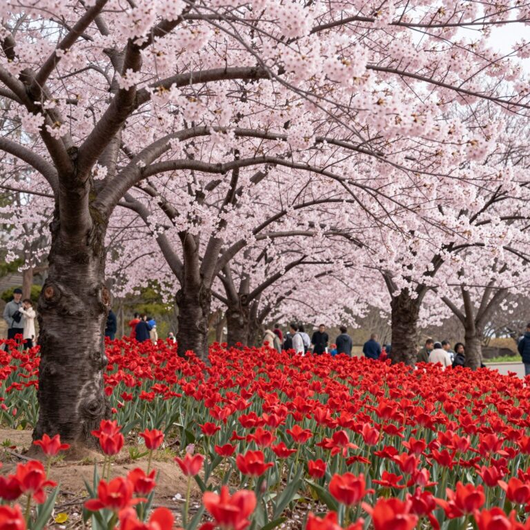 전주 완산공원에서 핀 짙은 분홍색 겹벚꽃과 선명한 빨간색 철쭉이 어우러진 봄 풍경