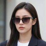 여성 얼굴에 잘 어울리는 지민 선글라스 착용 모습, 세련된 스퀘어 프레임과 그라데이션 렌즈가 돋보임