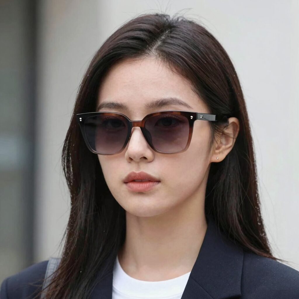 여성 얼굴에 잘 어울리는 지민 선글라스 착용 모습, 세련된 스퀘어 프레임과 그라데이션 렌즈가 돋보임
