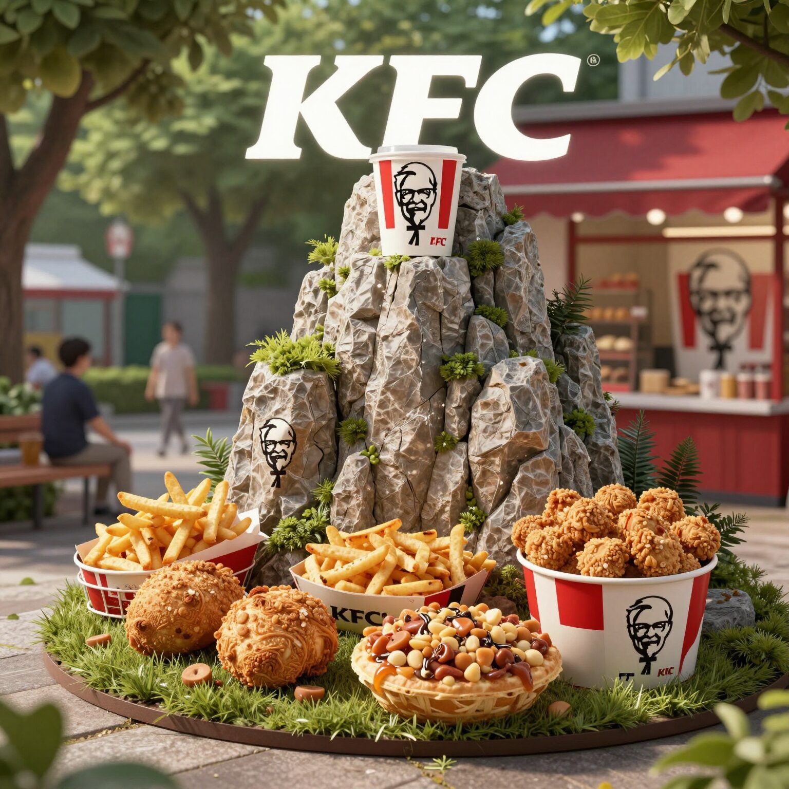KFC 5월 행사 메뉴와 신메뉴 업그레이비 타워, 텐더 버켓 등이 진열된 매장 사진