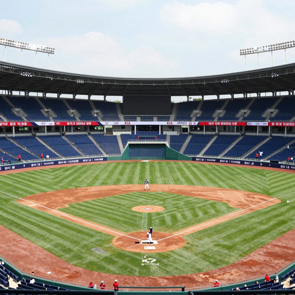KIA 타이거즈 홈 경기장 광주기아챔피언스필드의 전경을 담은 사진으로, 그린색 외야 잔디와 응원석이 펼쳐져 있다