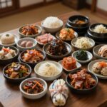 크을농에서 제공되는 다양한 반찬이 가득 차려진 한정식 상차림