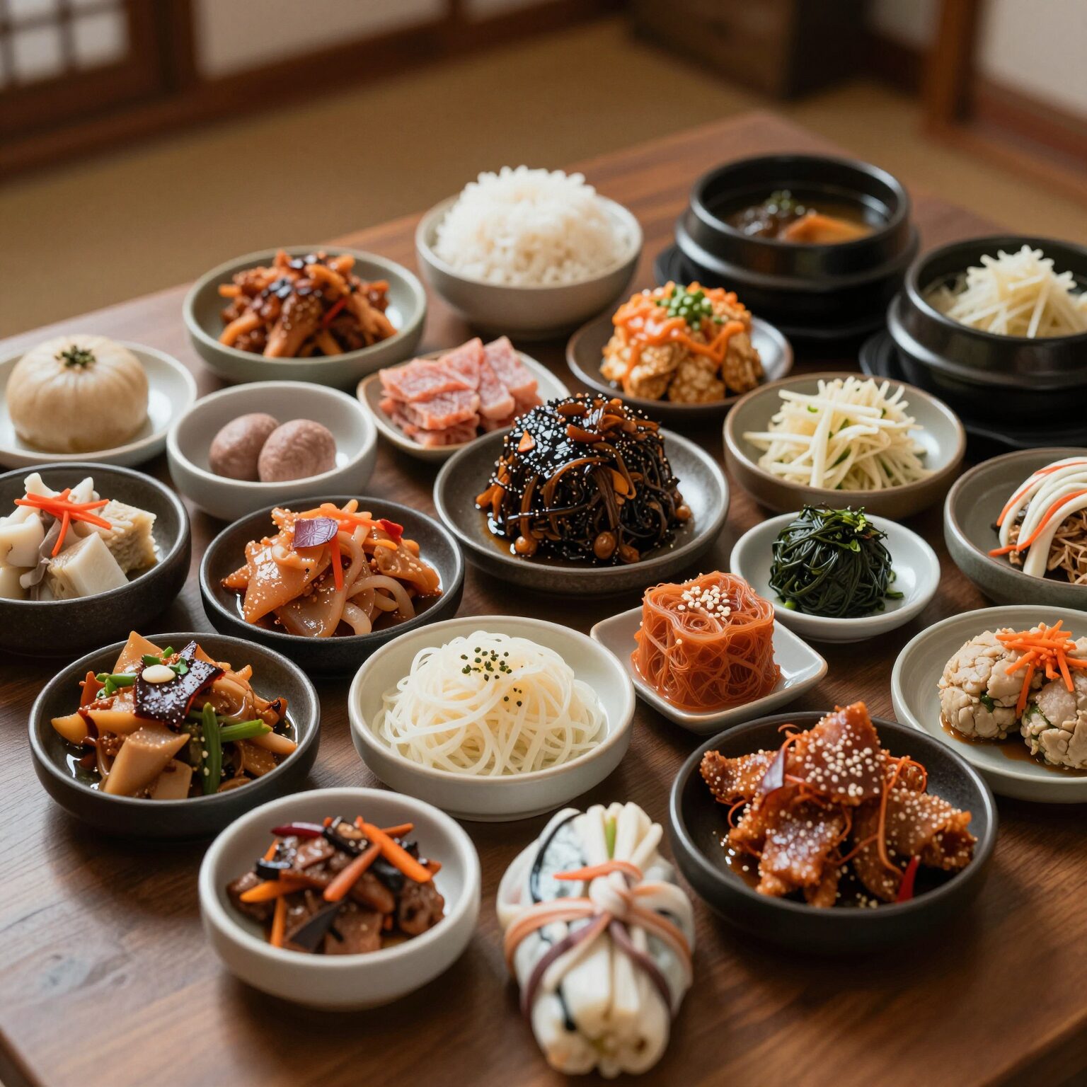 크을농에서 제공되는 다양한 반찬이 가득 차려진 한정식 상차림