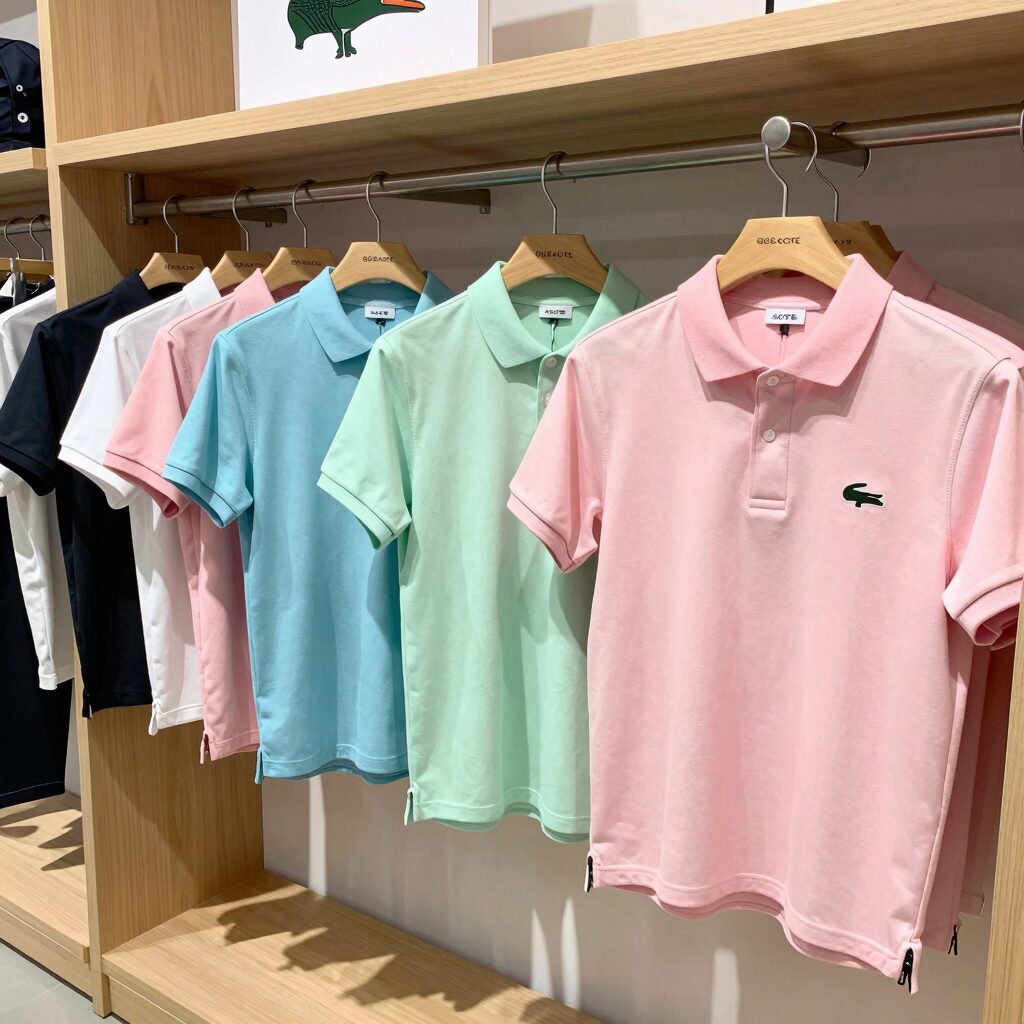여름 파스텔 톤 라코스테 피케 폴로 반팔 티셔츠 다양한 컬러가 진열된 매장 모습