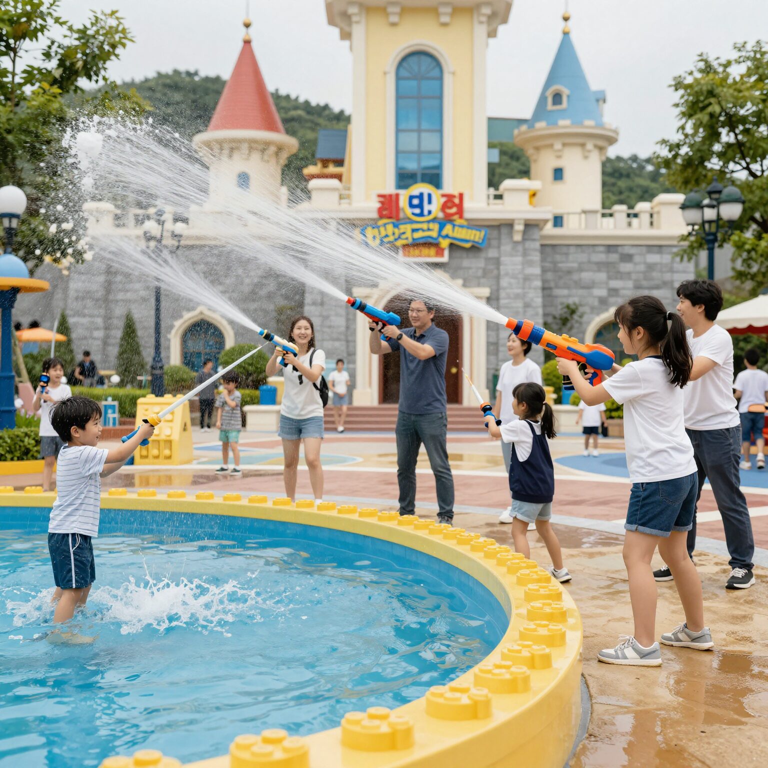 레고랜드 스플래쉬 배틀에서 웃으며 물대포를 쏘는 가족