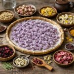 말리고 있는 라일락 꽃과 다른 꽃들로 만든 꽃차 재료들