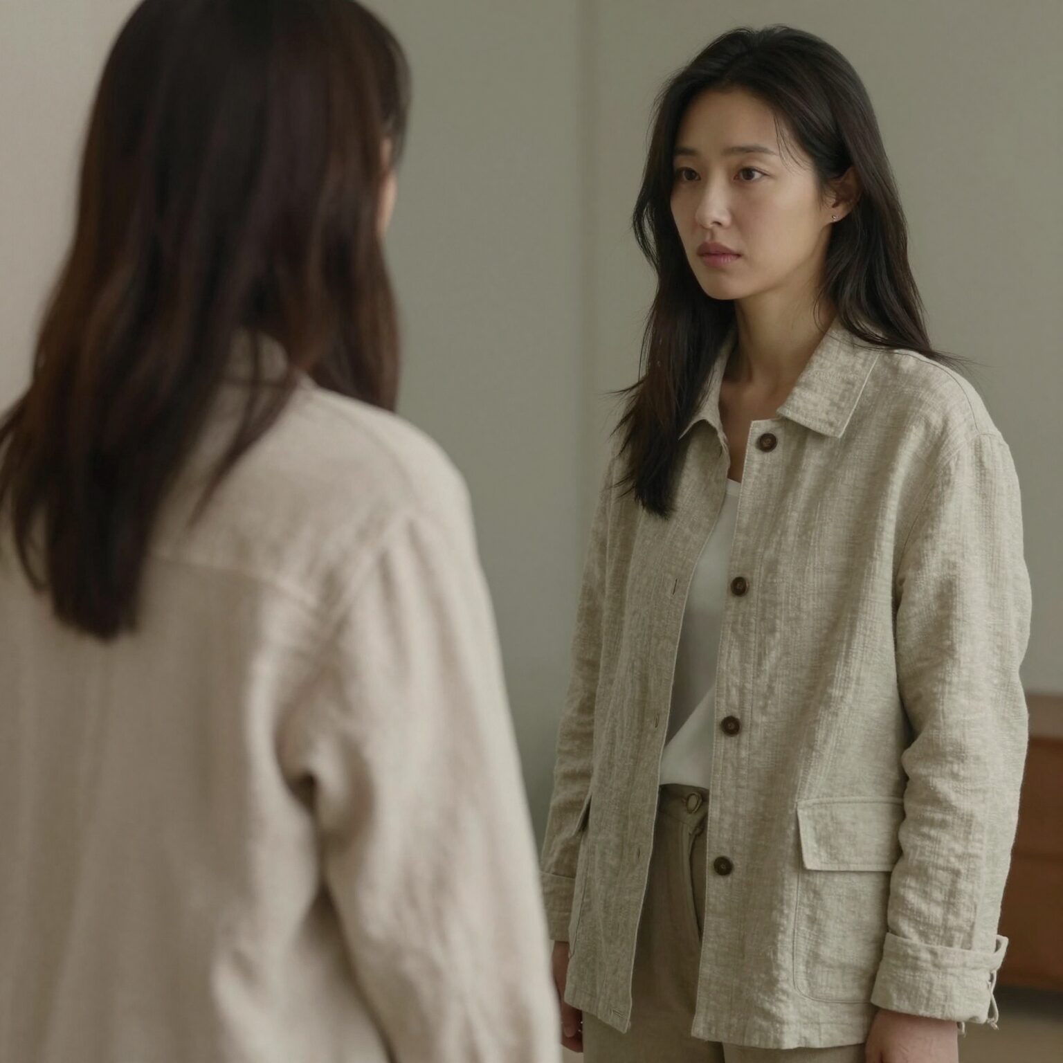 30대 여성이 여성 린넨 자켓을 입고 거울 앞에 서 있는 모습 자연스러운 루즈핏과 시원한 느낌