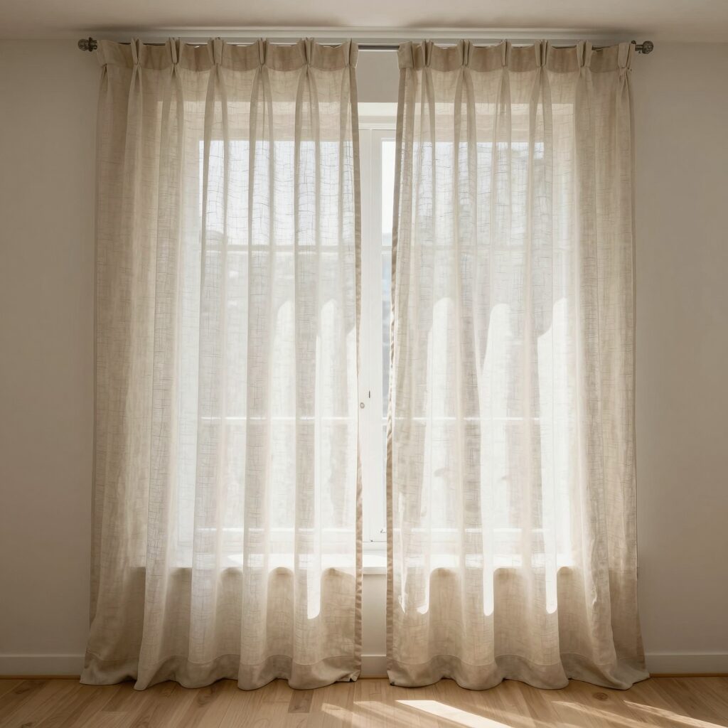 거실 창문에 맞춤 제작된 린넨 암막 커튼이 자연스럽게 드리워진 모습. 은은한 베이지 톤이 따뜻한 분위기를 연출한다.