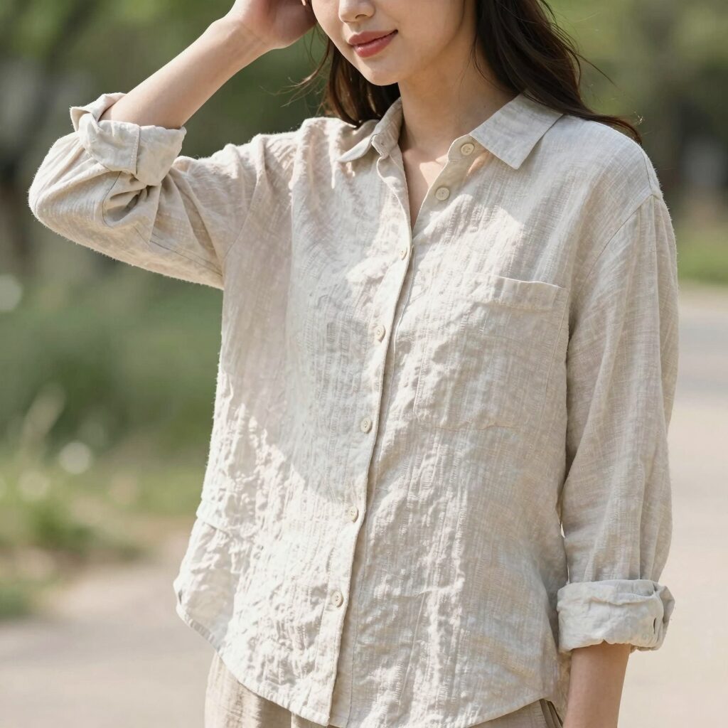 햇살이 따사로운 봄날, 올젠 린넨 블렌드 셔츠를 입고 야외에서 포즈를 취한 여성의 모습. 차분한 컬러의 셔츠가 자연스러운 분위기를 연출한다.