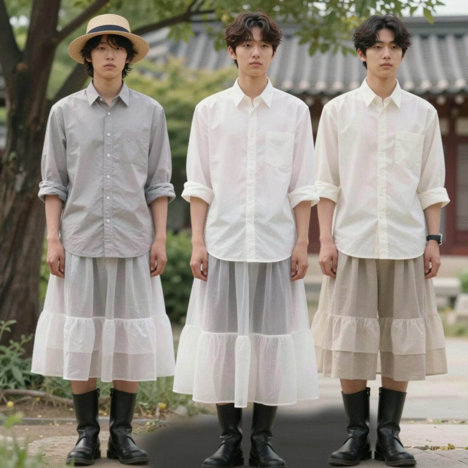 메종키츠네 반팔을 활용한 봄 레이어드 스타일링 예시, 셔츠와 함께 코디한 모습