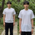 메종키츠네 반팔 티셔츠 핏 비교, 정사이즈와 오버핏 차이를 보여주는 이미지