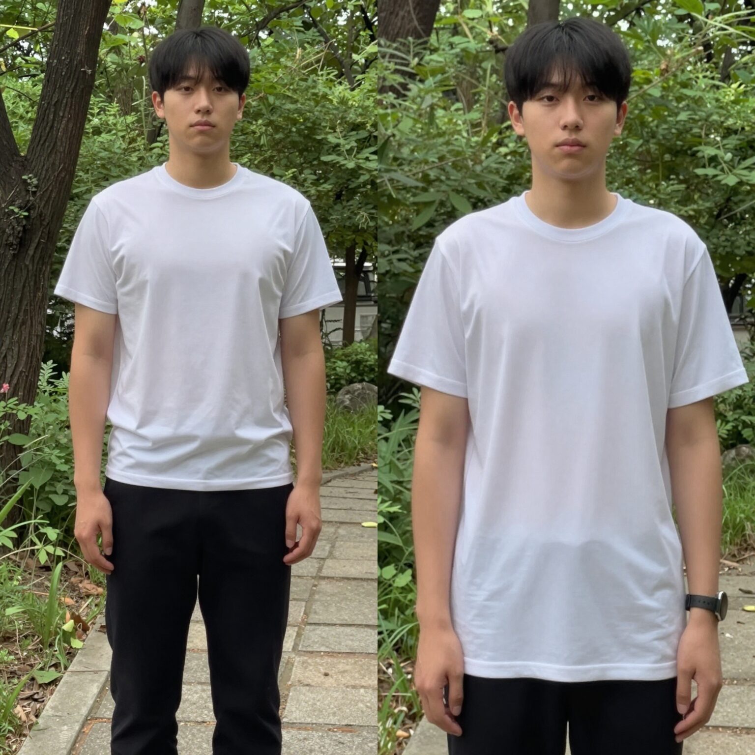 메종키츠네 반팔 티셔츠 핏 비교, 정사이즈와 오버핏 차이를 보여주는 이미지