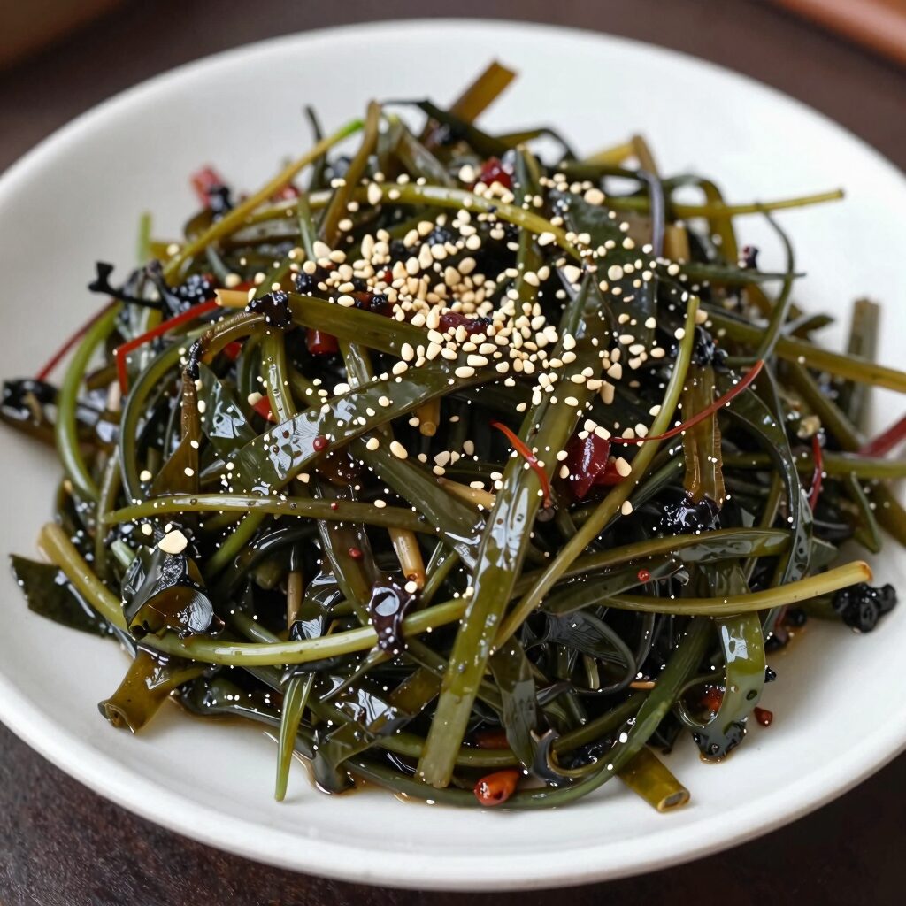 접시에 담긴 망초나물 무침, 구수한 된장 양념이 골고루 묻어 있으며 통깨가 뿌려져 있다