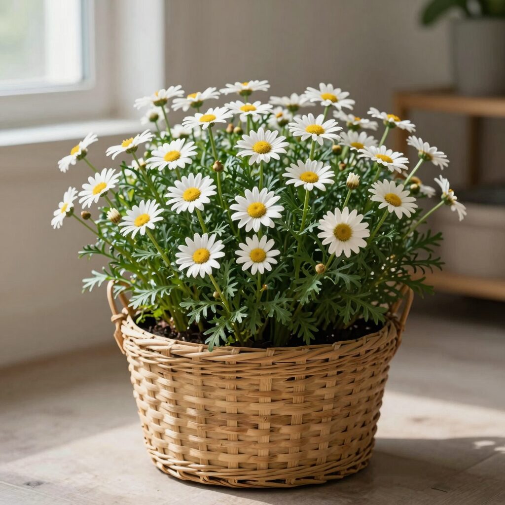 베란다에서 키운 마가렛 꽃을 바구니에 담아 거실에서 찍은 사진