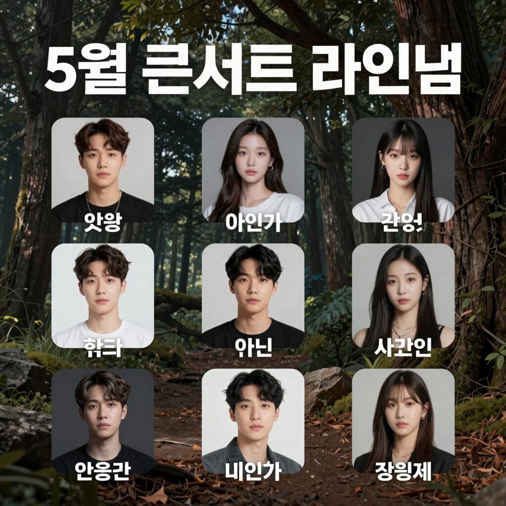 5월 콘서트 라인업 포스터, 다양한 아티스트와 공연 날짜가 적혀있음