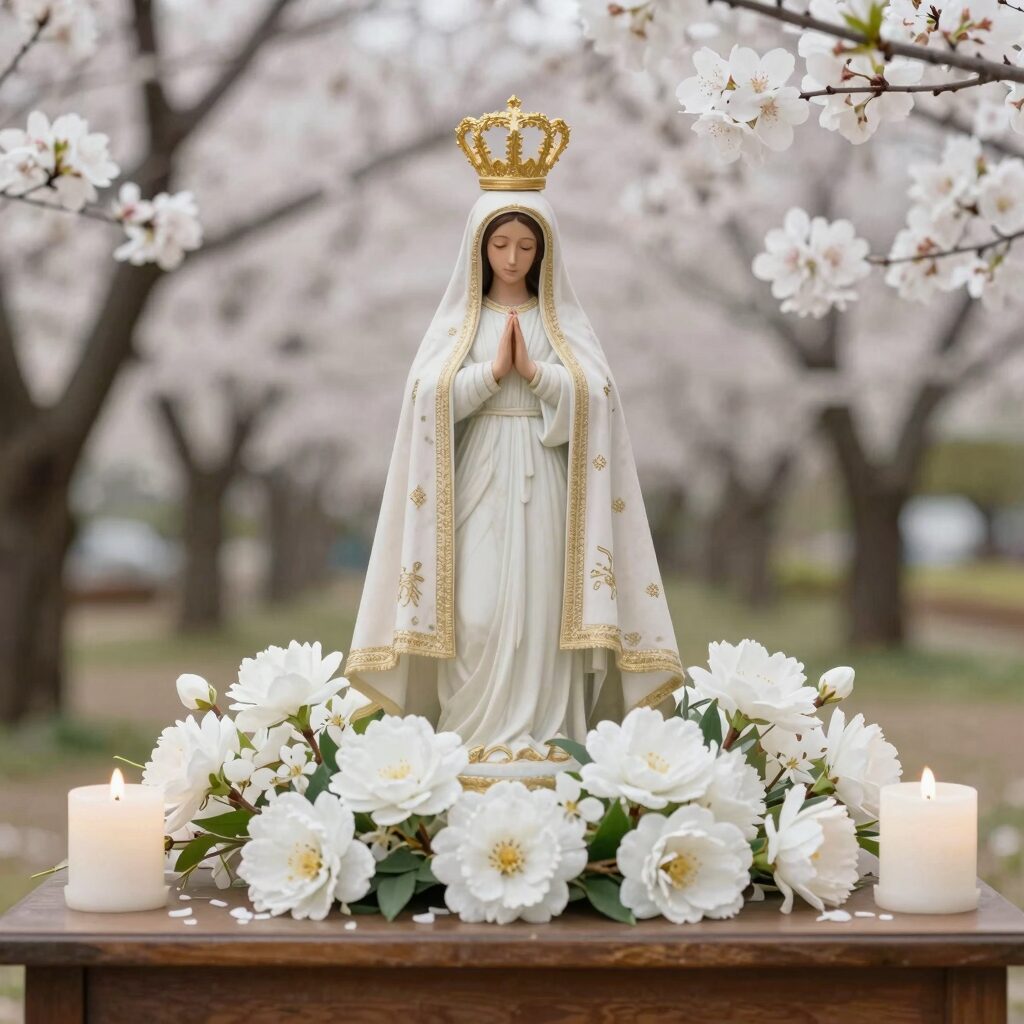 따뜻한 봄날, 성모 마리아 상 앞에 놓인 흰 장미와 촛불이 있는 기도 테이블