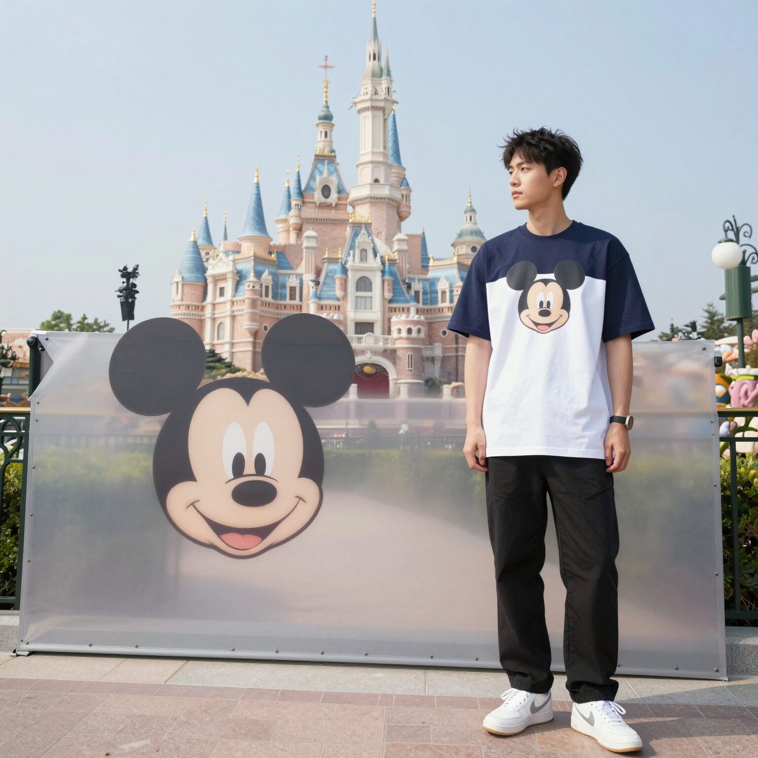 미키하우스 바람막이와 디네댓 디즈니 콜라보 의류를 코디한 스타일 예시