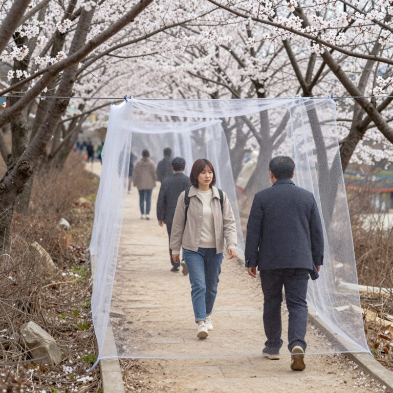 밀레 바람막이를 입고 봄 산책을 즐기는 모습