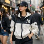 MLB 여성용 바람막이를 입고 거리를 걷는 스트릿 패션 스타일