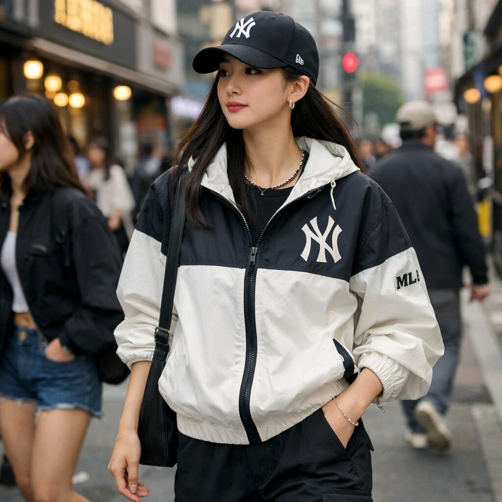 MLB 여성용 바람막이를 입고 거리를 걷는 스트릿 패션 스타일