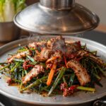 무쇠 솥뚜껑 위에 구워지는 미나리김치삼겹살과 다양한 채소