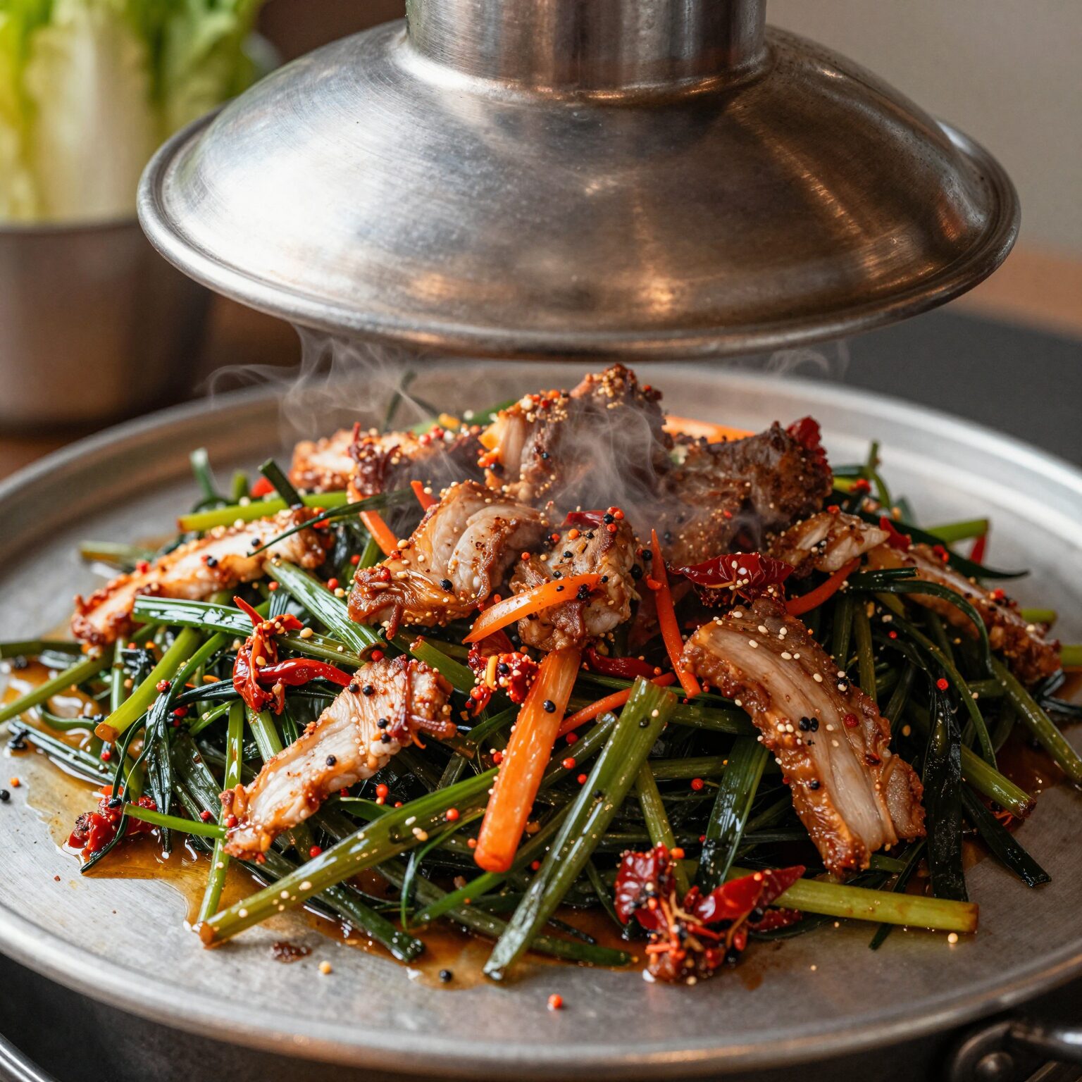 무쇠 솥뚜껑 위에 구워지는 미나리김치삼겹살과 다양한 채소