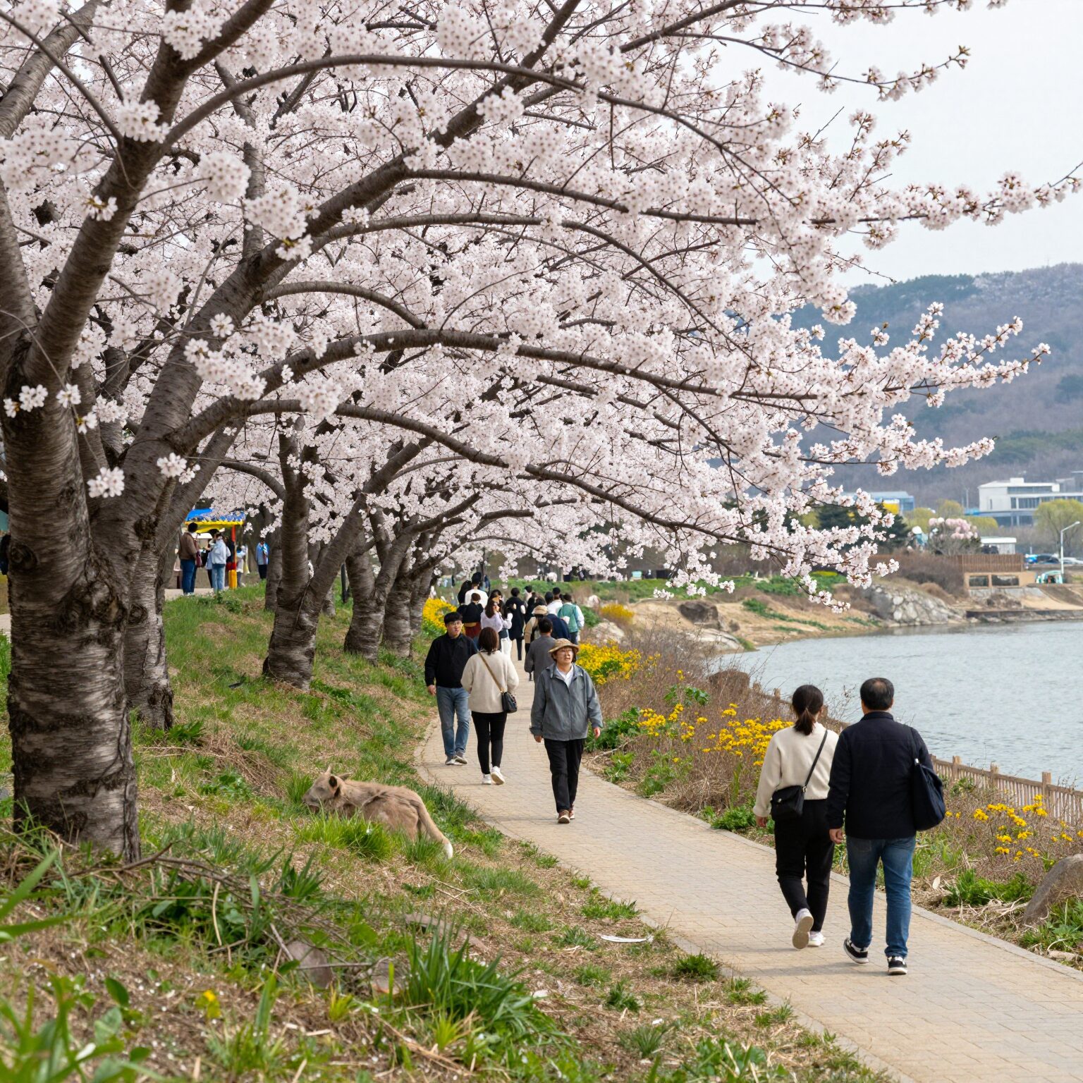 낙동강변 대저생태공원 벚꽃과 유채꽃이 함께 핀 봄 풍경, 사람들이 산책하는 모습