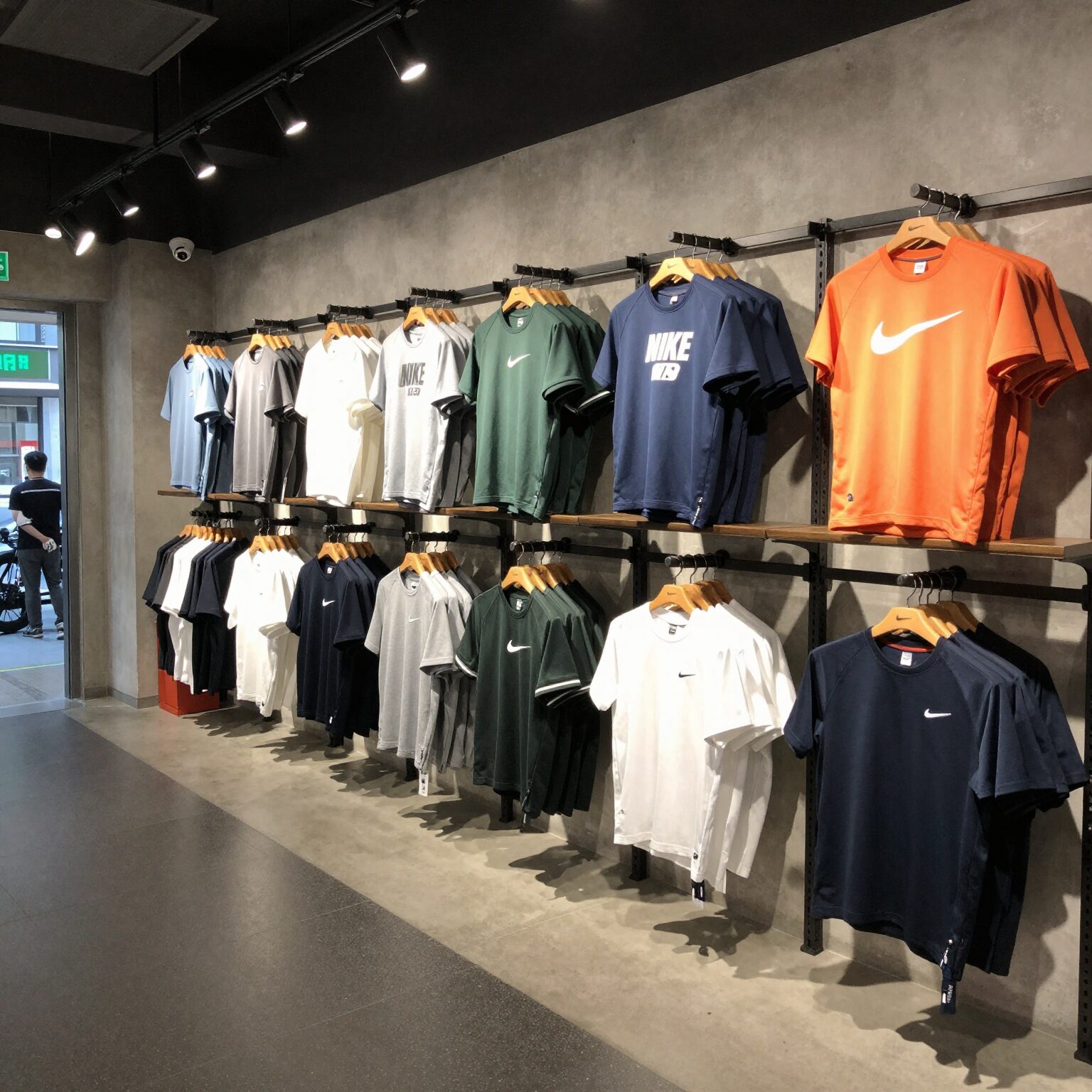 명동 나이키 서울 매장 1층에 위치한 나이키 바이 유 커스텀 존에서 다양한 색상의 와펜과 베이스 티셔츠가 진열되어 있는 모습