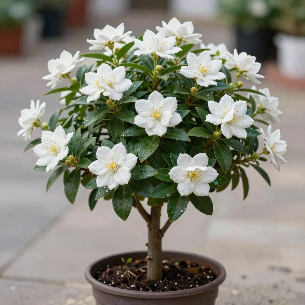 화분에 심겨진 오렌지자스민 나무, 하얀 꽃과 윤기나는 초록잎이 잘 보인다