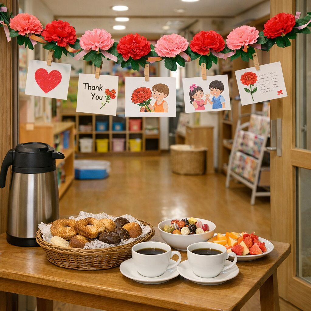 어린이집 입구에 카네이션 가랜드와 카드가 장식된 모습, 작은 테이블에 커피와 간식이 준비되어 있다
